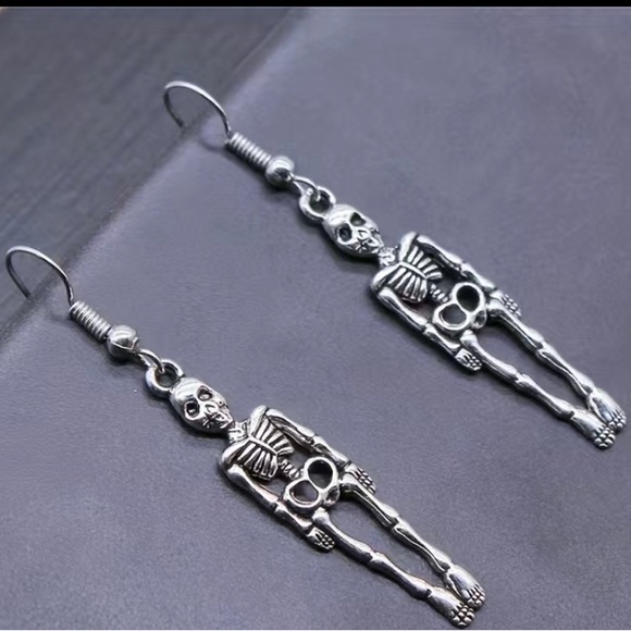 Skeleton Halloween Earrings - Long Tibetan Charms on Nickel free Silver Tone - Picture 5 of 6